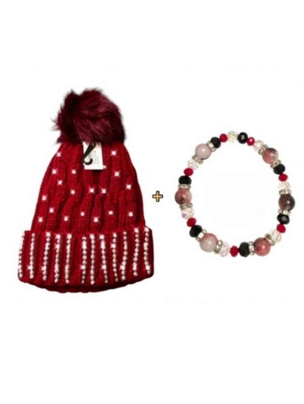 Cranberry Red Rhinestone Beanie & Bracelet Set ♥️